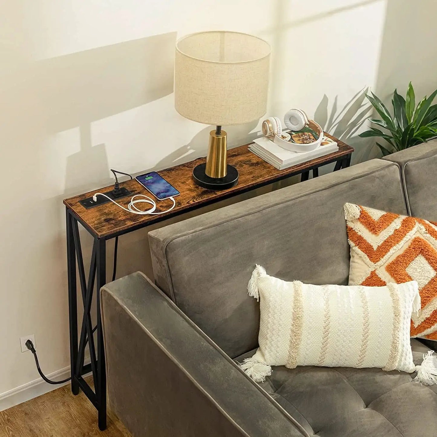 Rustic Brown Sofa Table With Power Outlet And USB Ports from PriceLows™