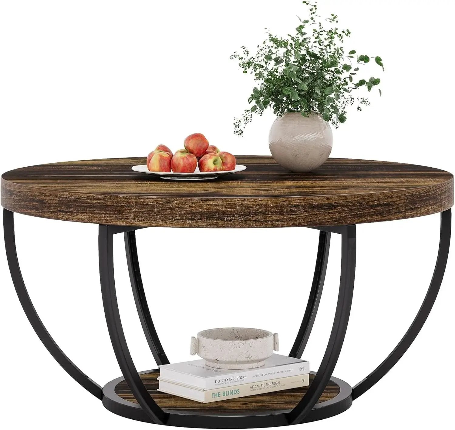Round Coffee Table 31.7Inches Rustic Brown Storage from PriceLows™