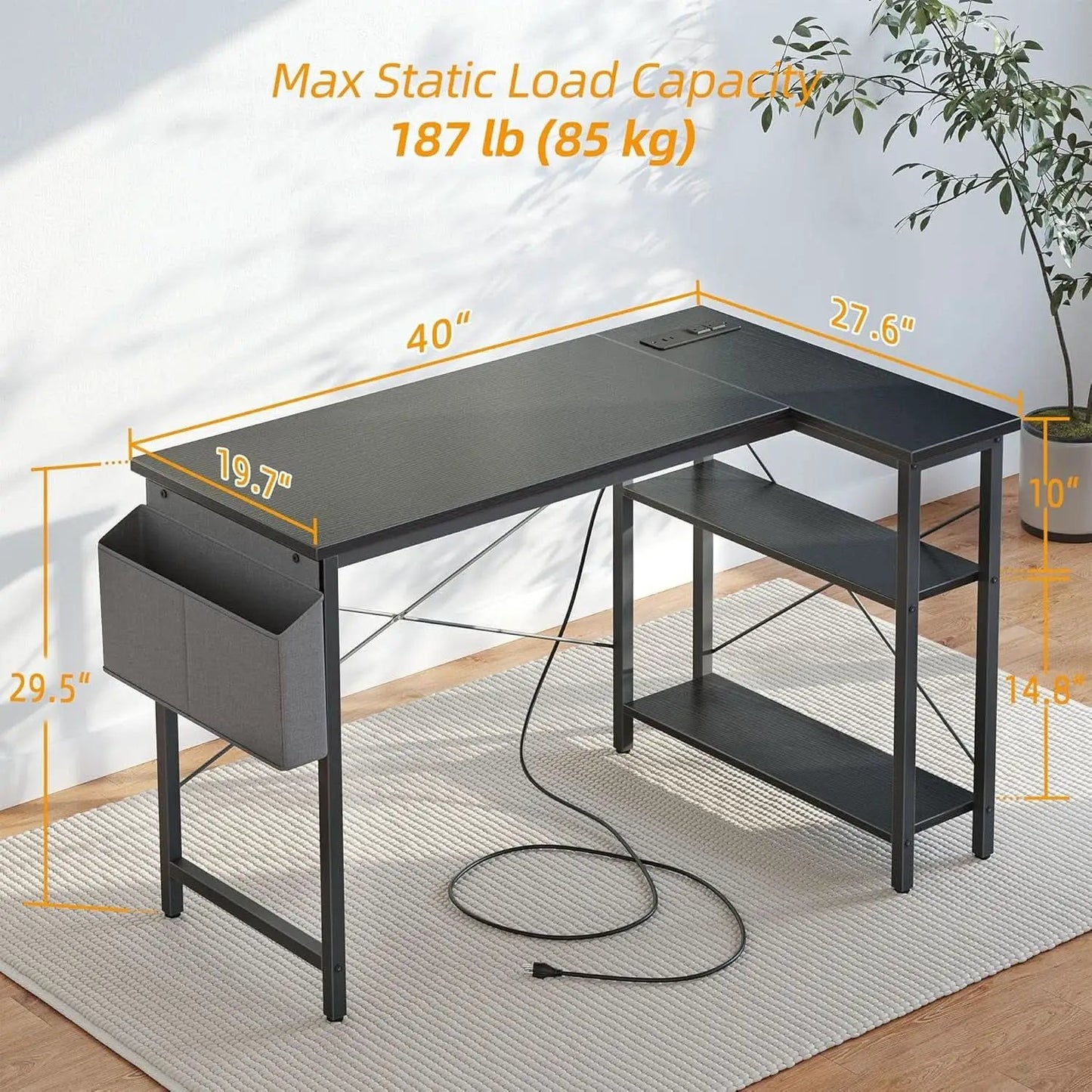 40 Inch L Shaped Computer Desk With Power Outlets Black from PriceLows™