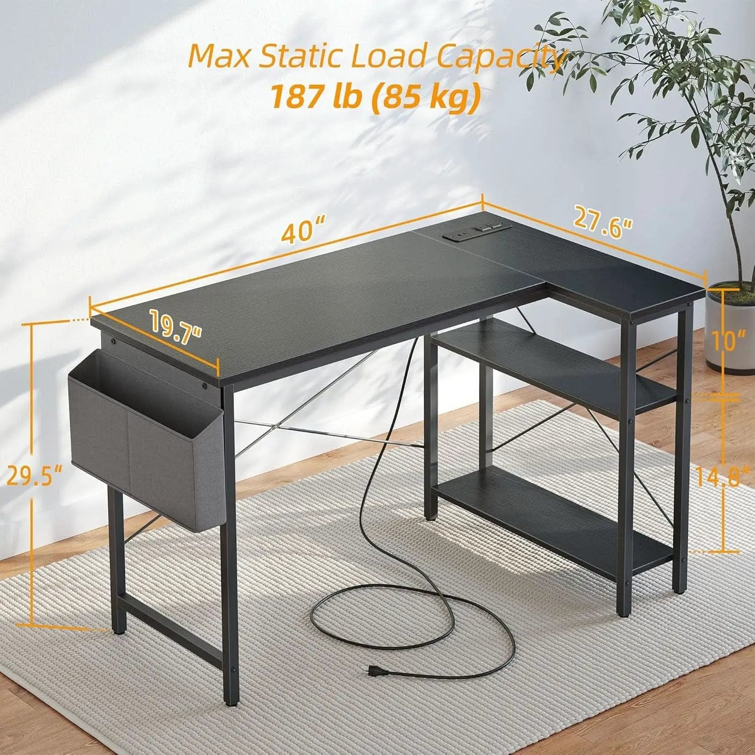 40 Inch L Shaped Computer Desk With Power Outlets Black from PriceLows™