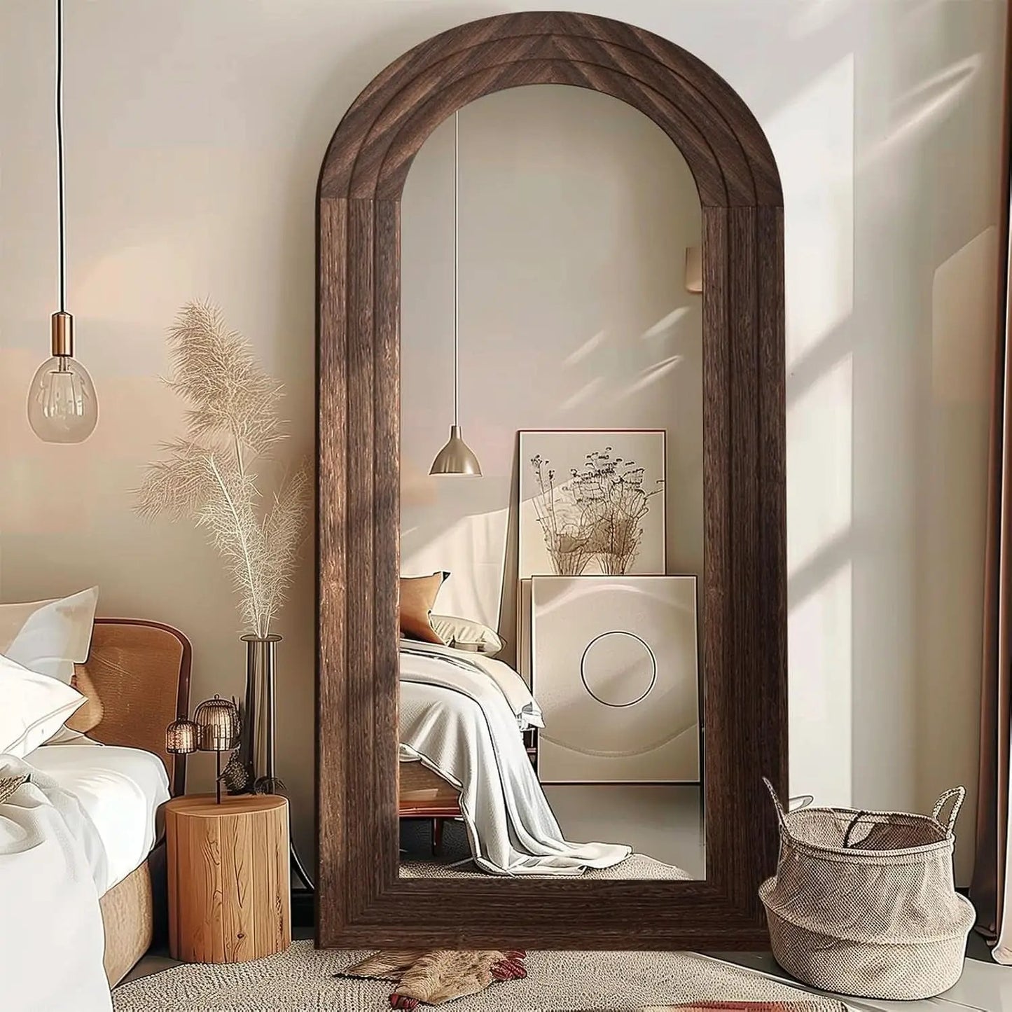 Arched Full Length Mirror 71x32 Inch Brown Solid Wood Frame from PriceLows™