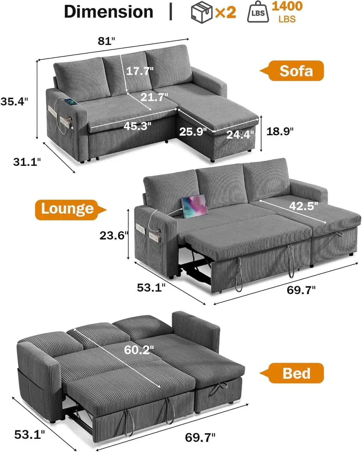 81 Inch Corduroy Velvet GreyTone Sleeper Sofa Pullout from PriceLows™