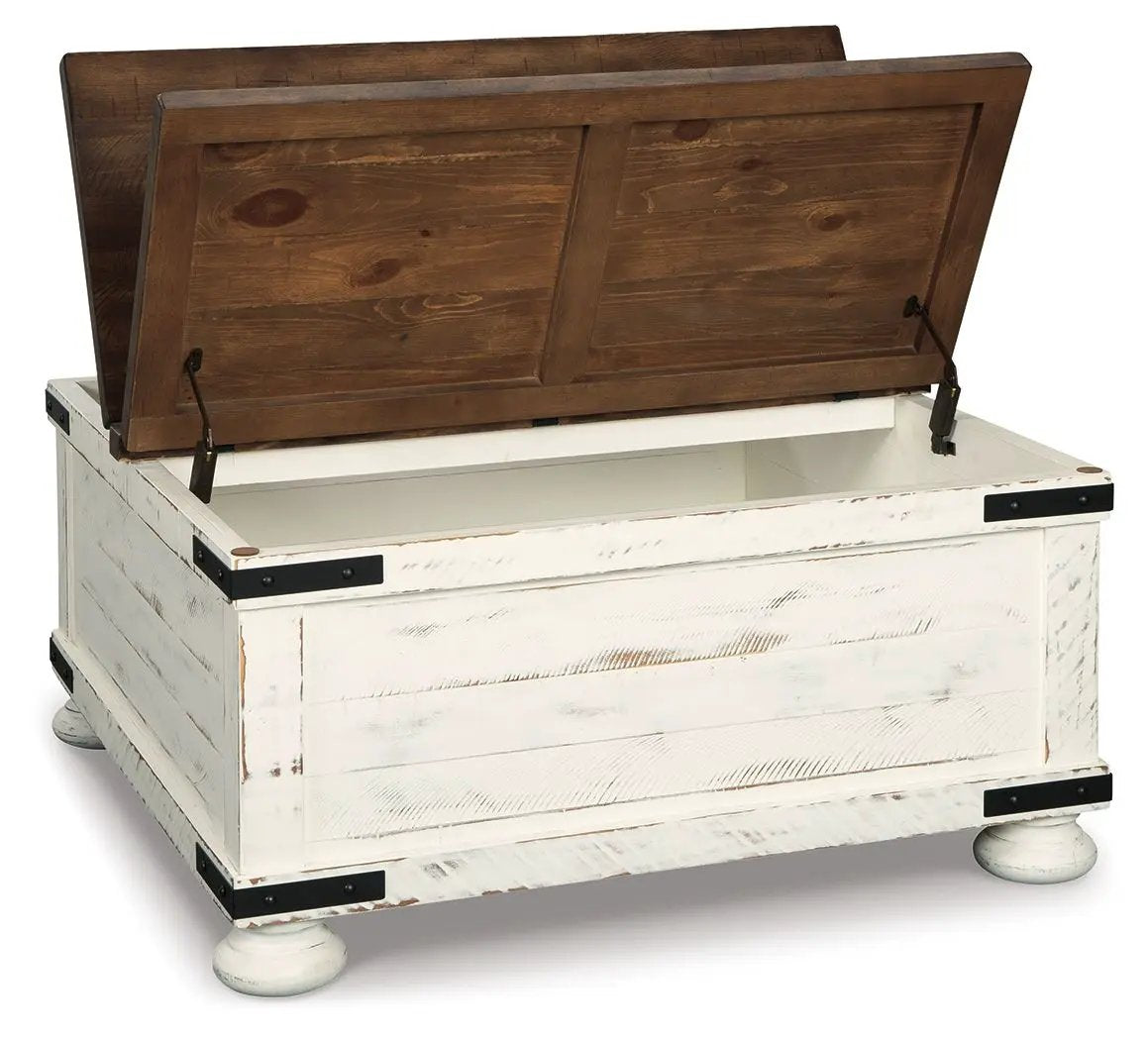Wystfield Cocktail Table | White And Brown | Distressed Vintage Finish | Door Storage