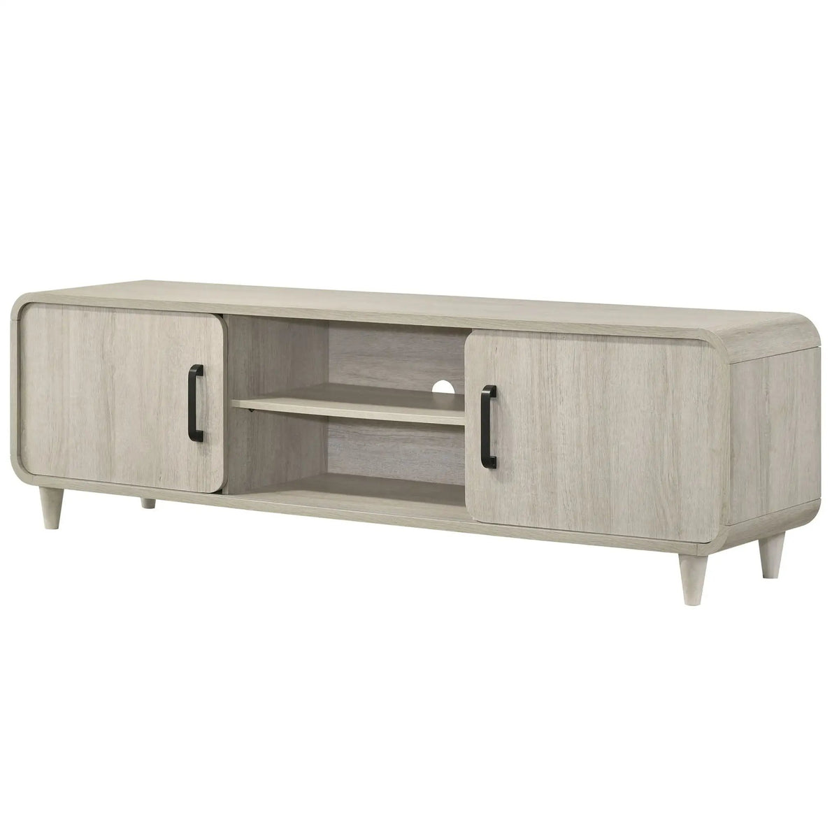 TV Stand With Sliding Doors | Mid-Century Modern | Antique White Finish | Open Shelves