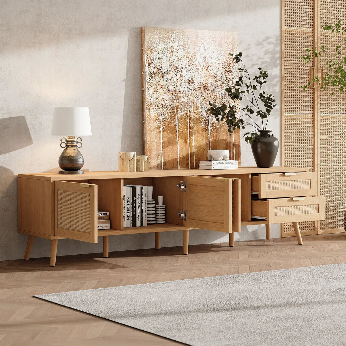 TV Stand | 2 Drawers | Cable Management | Natural Rattan