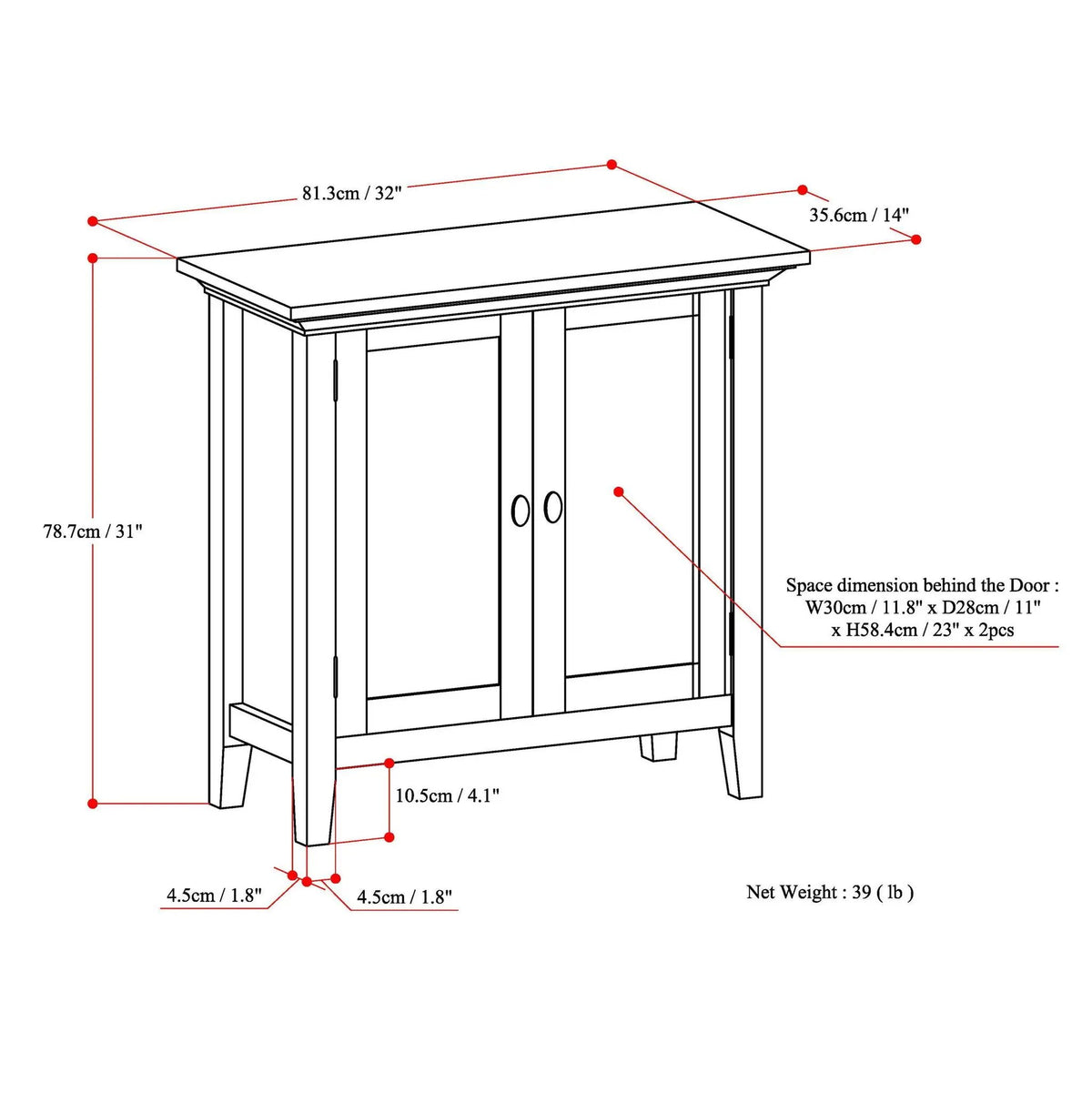 Redmond Low Storage Cabinet | Handcrafted Solid Wood | Tapered Legs | Two Adjustable Shelves