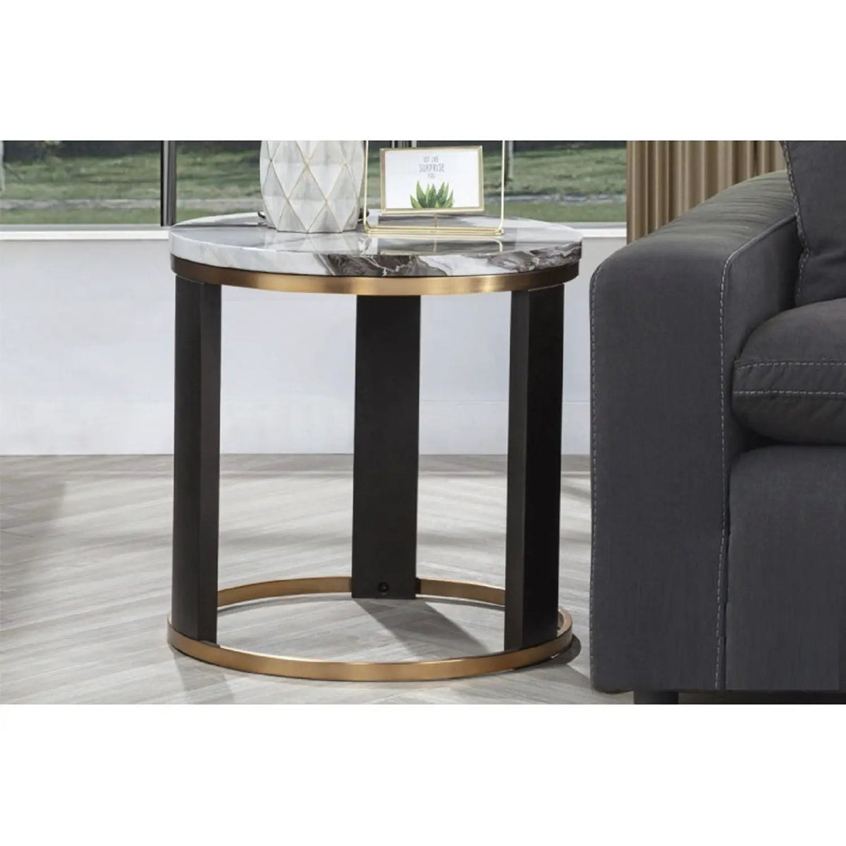 Round End Table | Faux Marble Top | Gold Metal Frame | Ivory Finish
