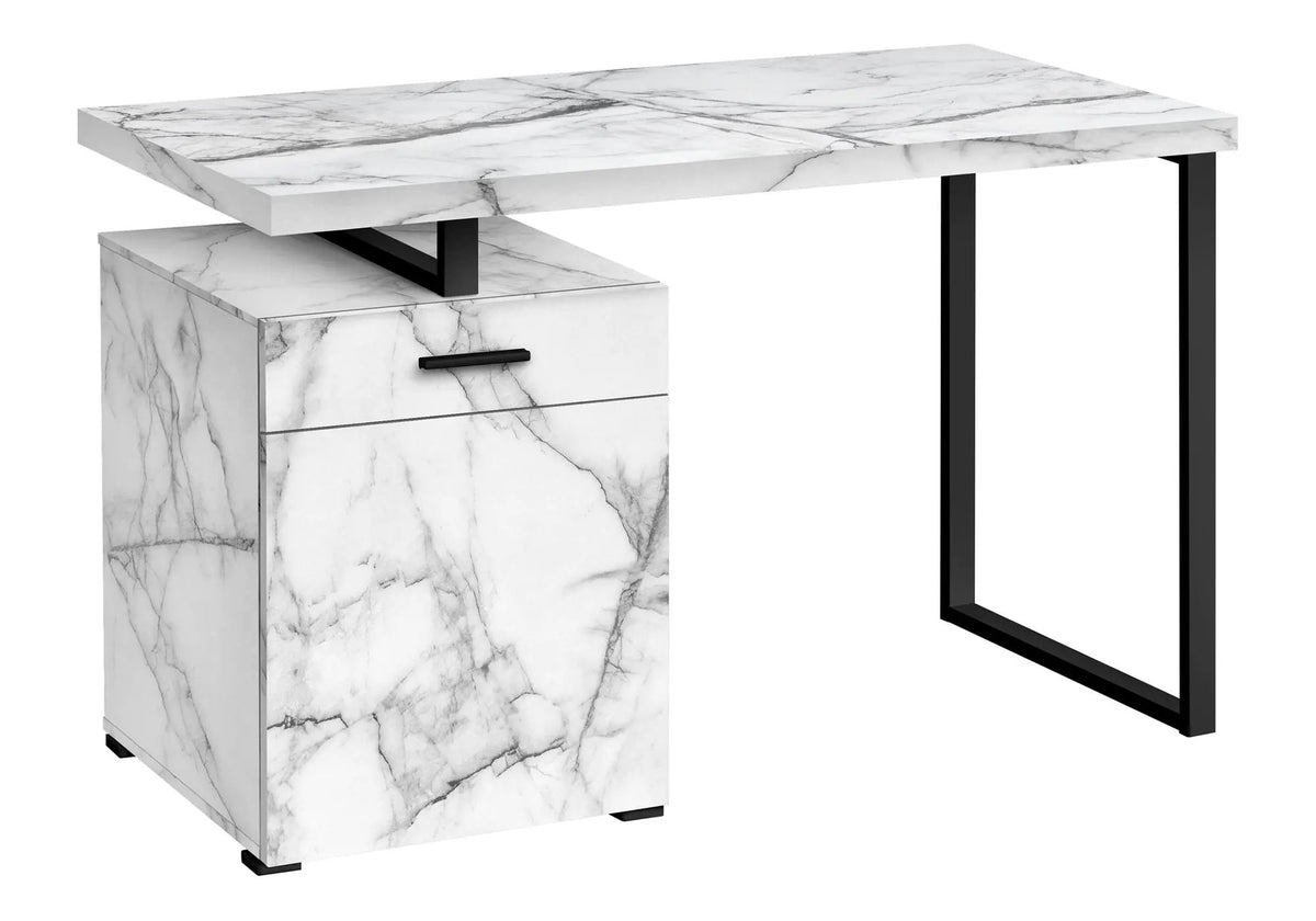 White Marble Look Computer Desk | 47.25 Inch Width | Drawer And Storage Compartment | Left Or Right Setup