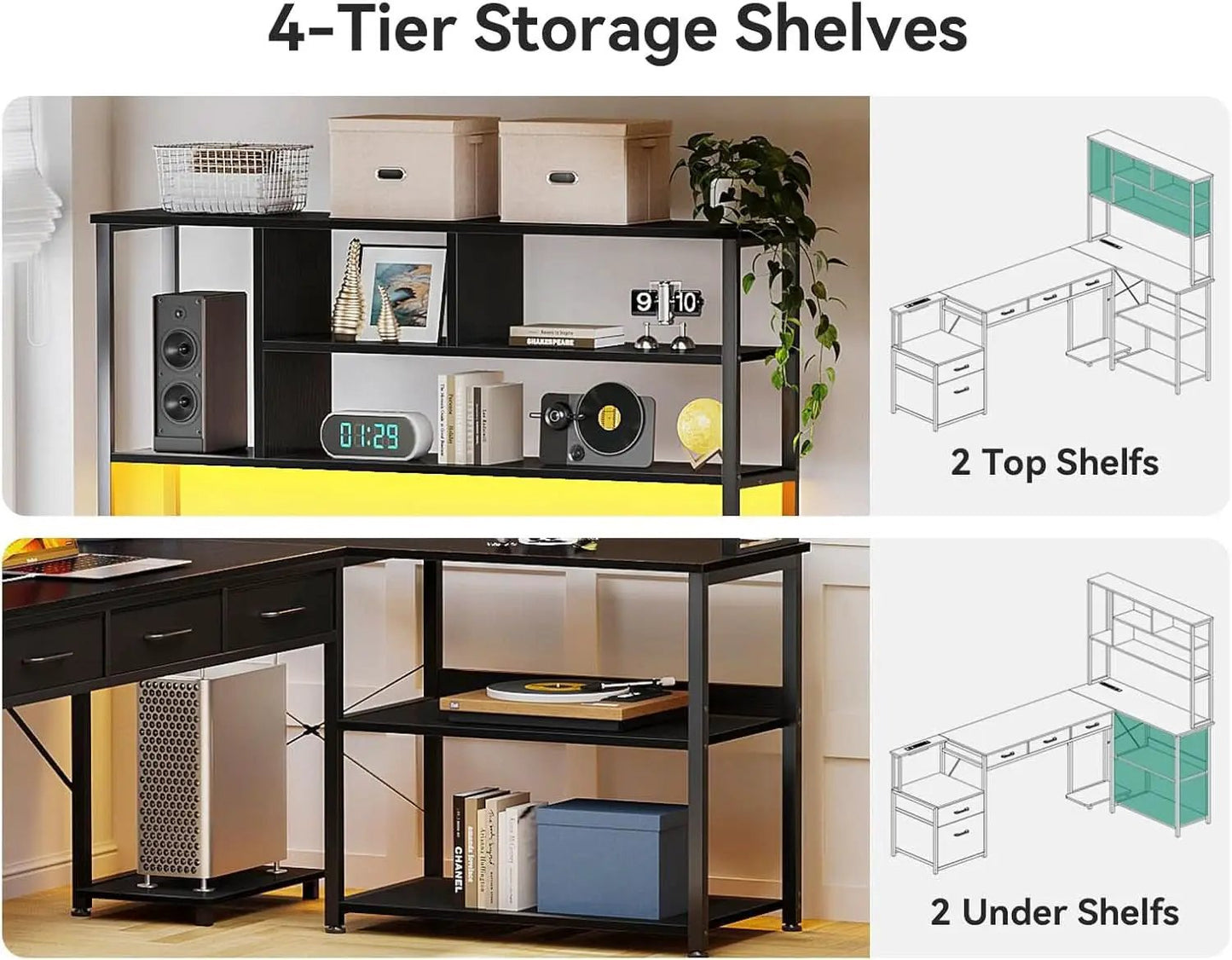 79 Inch L Shaped Desk With File Drawers Reversible Black from PriceLows™