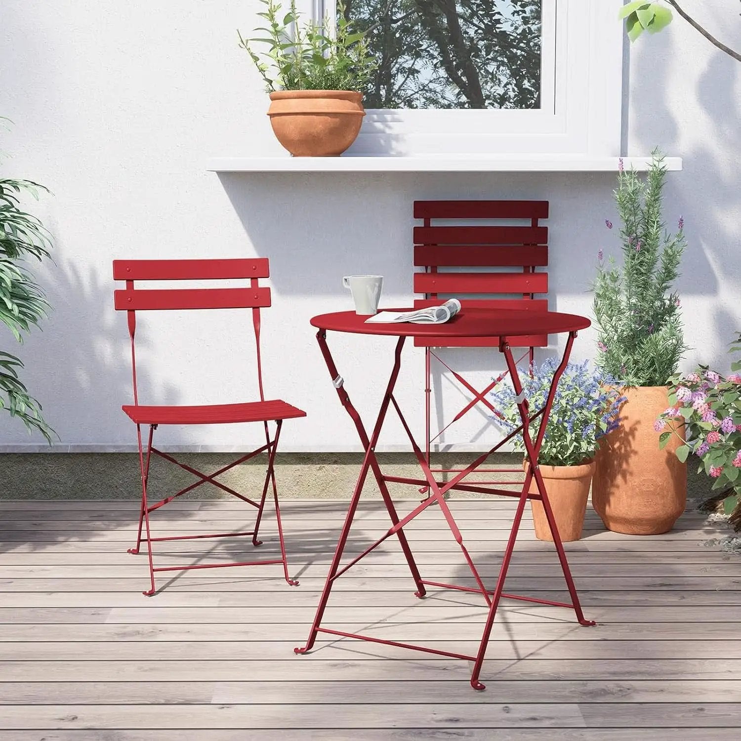 3-Piece Folding Outdoor Bistro Set Red Cushioned Seats from PriceLows™