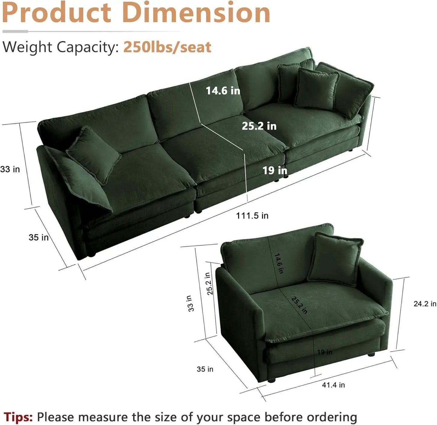 3 Piece Evergreen Sofa Set Chenille Modular For Living Room from PriceLows™