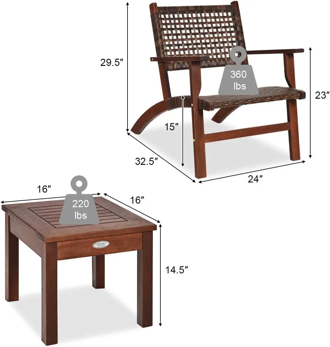 3 Piece Patio Conversation Set With Solid Eucalyptus Wood Frame And Brown Rattan Wicker from PriceLows™
