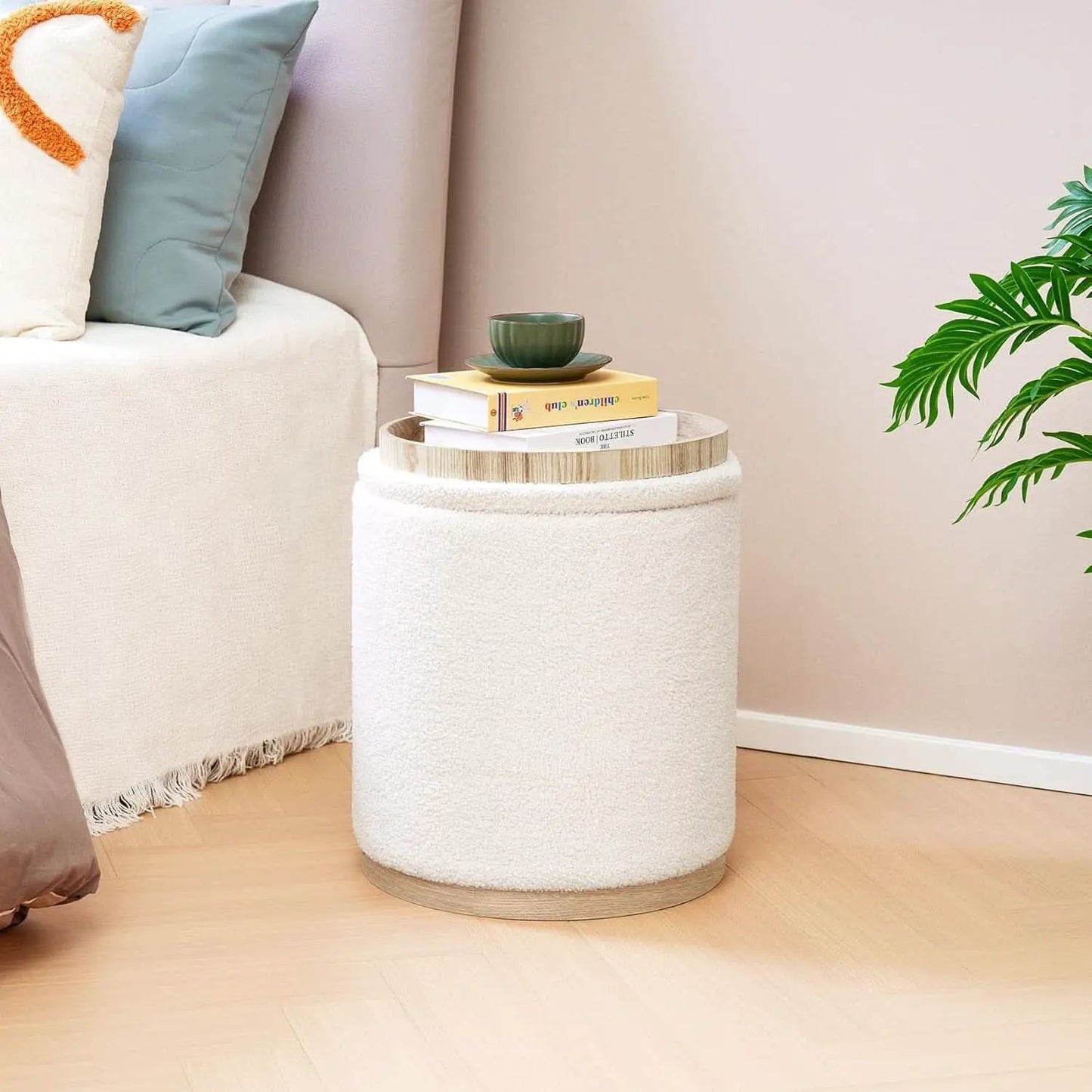 White Velvet Round Storage Ottoman FifteenInches Compact from PriceLows™