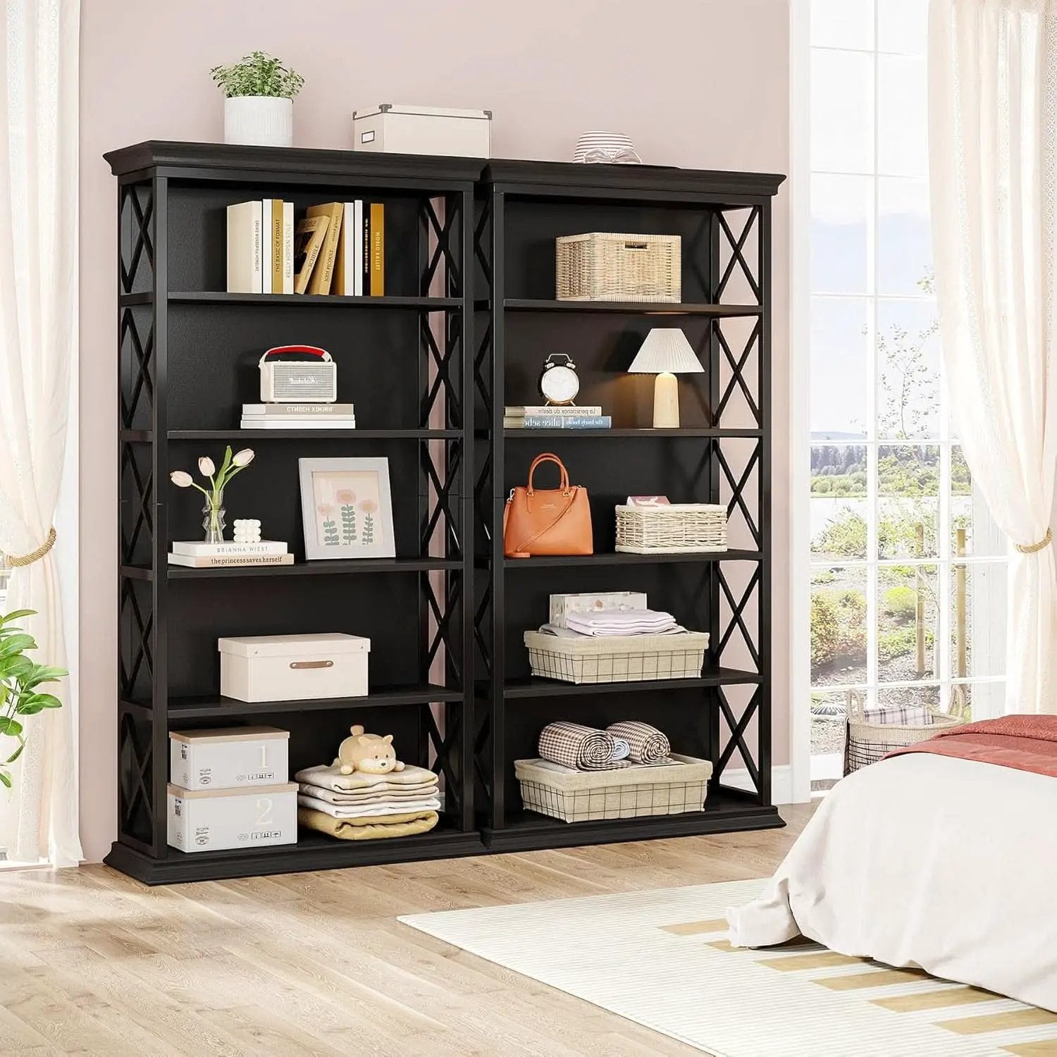 71 Inch 6 Tier Industrial Bookcase Floor Standing All Black from PriceLows™