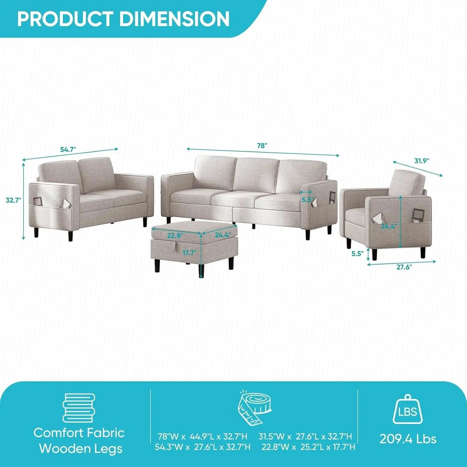 Beige 6 Seater Sectional Sofa With Movable Ottoman from PriceLows™