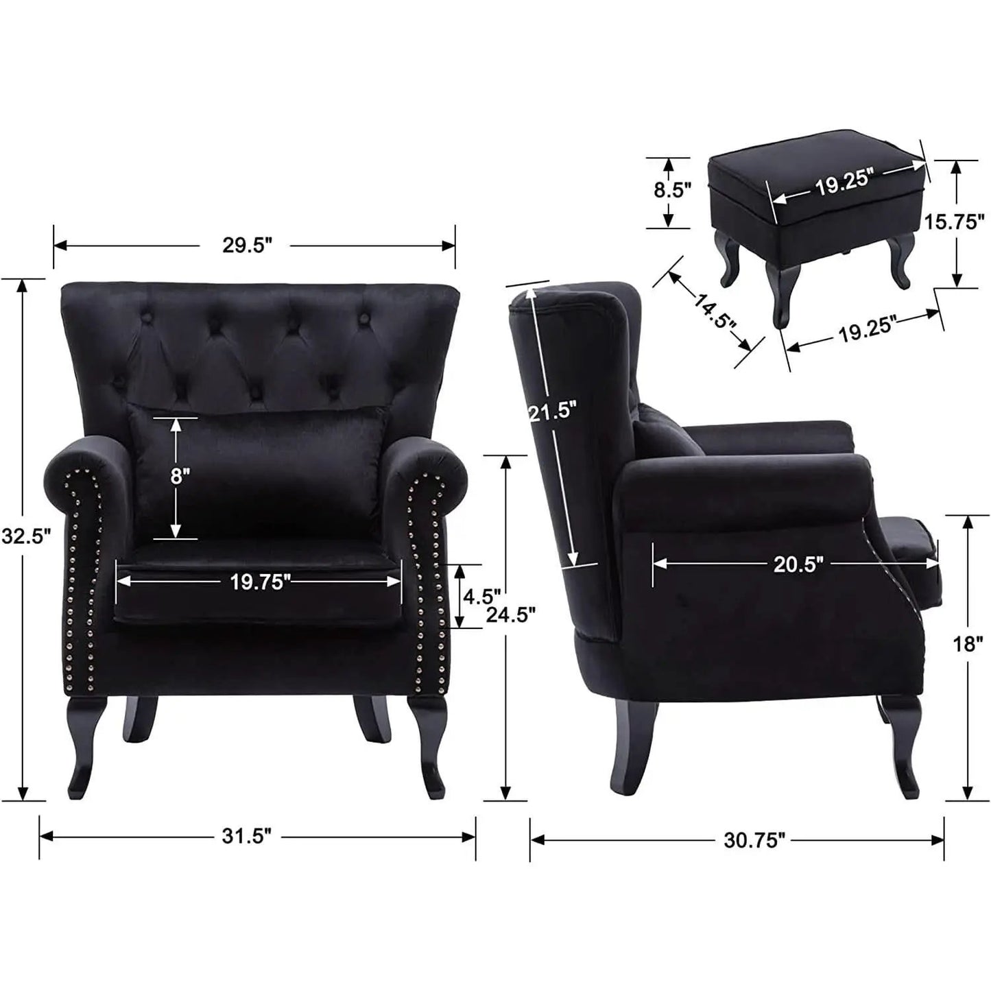 Elegant Black Velvet Wingback Chair With Ottoman Set from PriceLows™