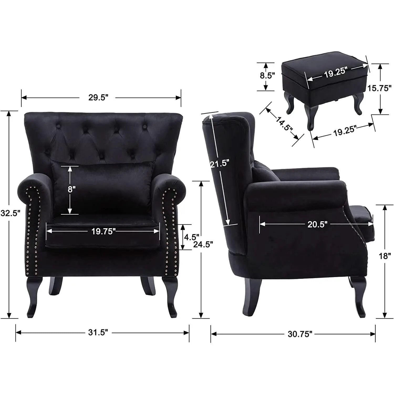Elegant Black Velvet Wingback Chair With Ottoman Set from PriceLows™