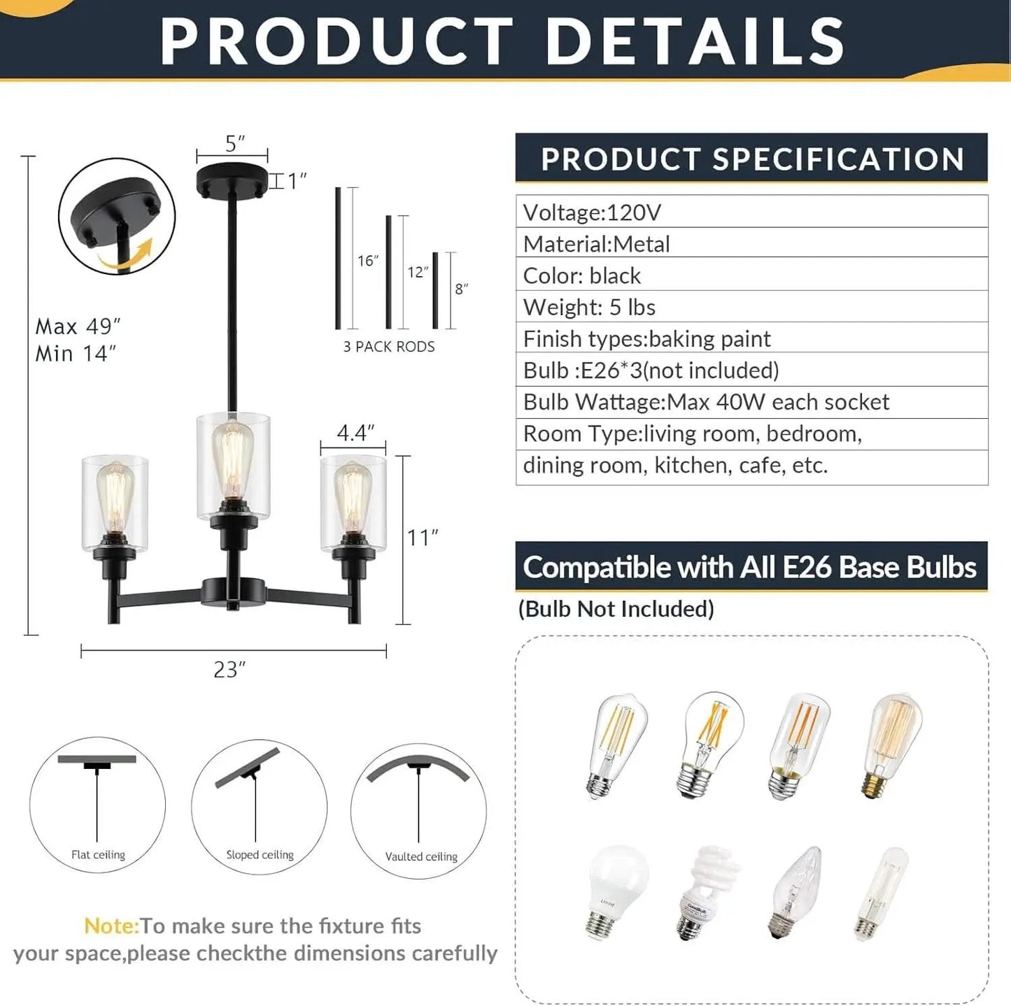 Three Light Black Glass Chandelier For Dining Room And Entryway With Glass Shade from PriceLows™