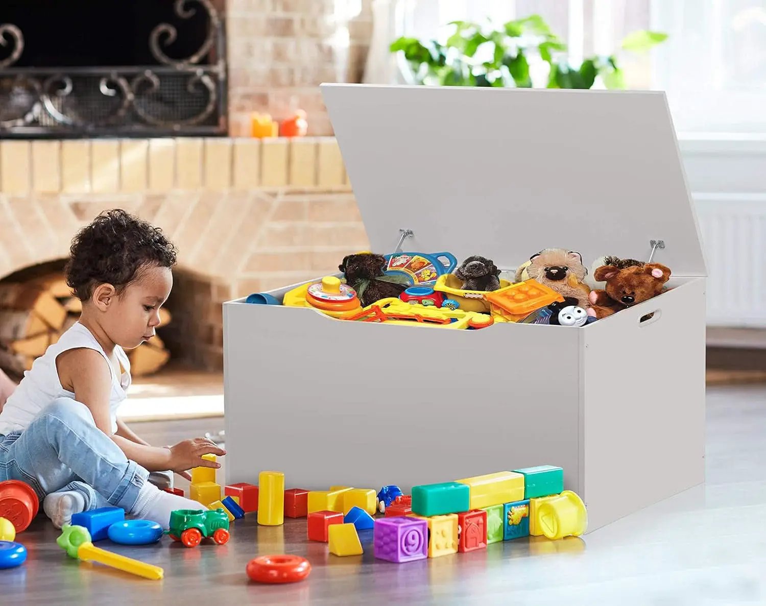 White Toy Storage Chest Bench FourCubicFeet FlipTopLid from PriceLows™