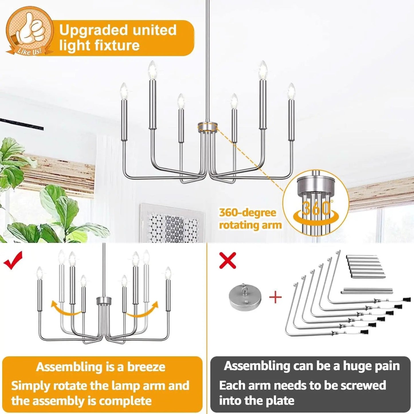 6 Light Brushed Nickel Farmhouse Chandelier For Dining Room from PriceLows™