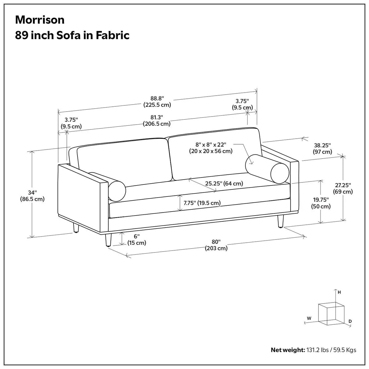 Morrison Upholstered Sofa | Recycled Blend Fabric | Single Bench Seat Cushion | 72 Inch Length
