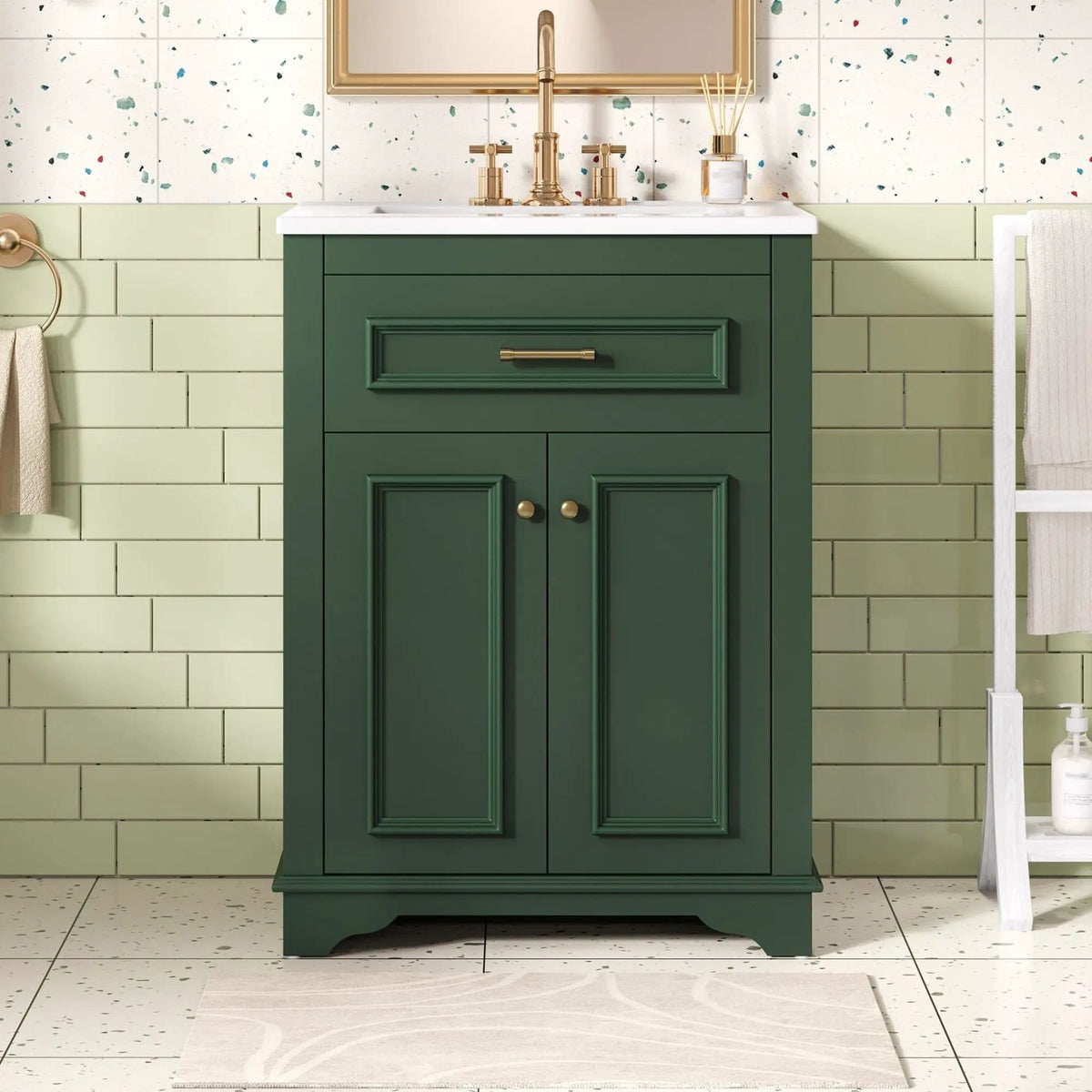 Bathroom Vanity With Integrated Sink, 2 Door Cabinet With Tip Out Drawer | 3 Pieces | Solid Wood & Iron | Bathroom
