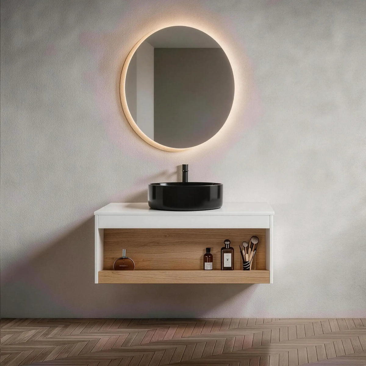 Wall Mounted Bathroom Vanity | Vessel Sink | Open Shelf Storage