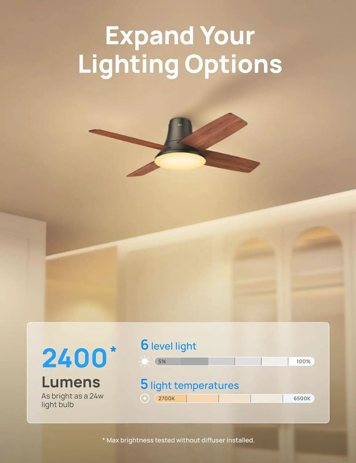 44 Inch Low Profile Black Ceiling Fan With Dimmable LED from PriceLows™