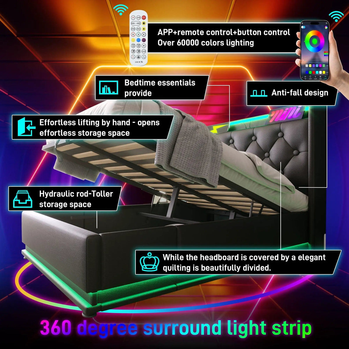 Upholstered Bed, 360 Surround LED Function, Remote Control, Hydraulic Storage Bed | 8 Pieces | Fabric & Iron | Bedroom