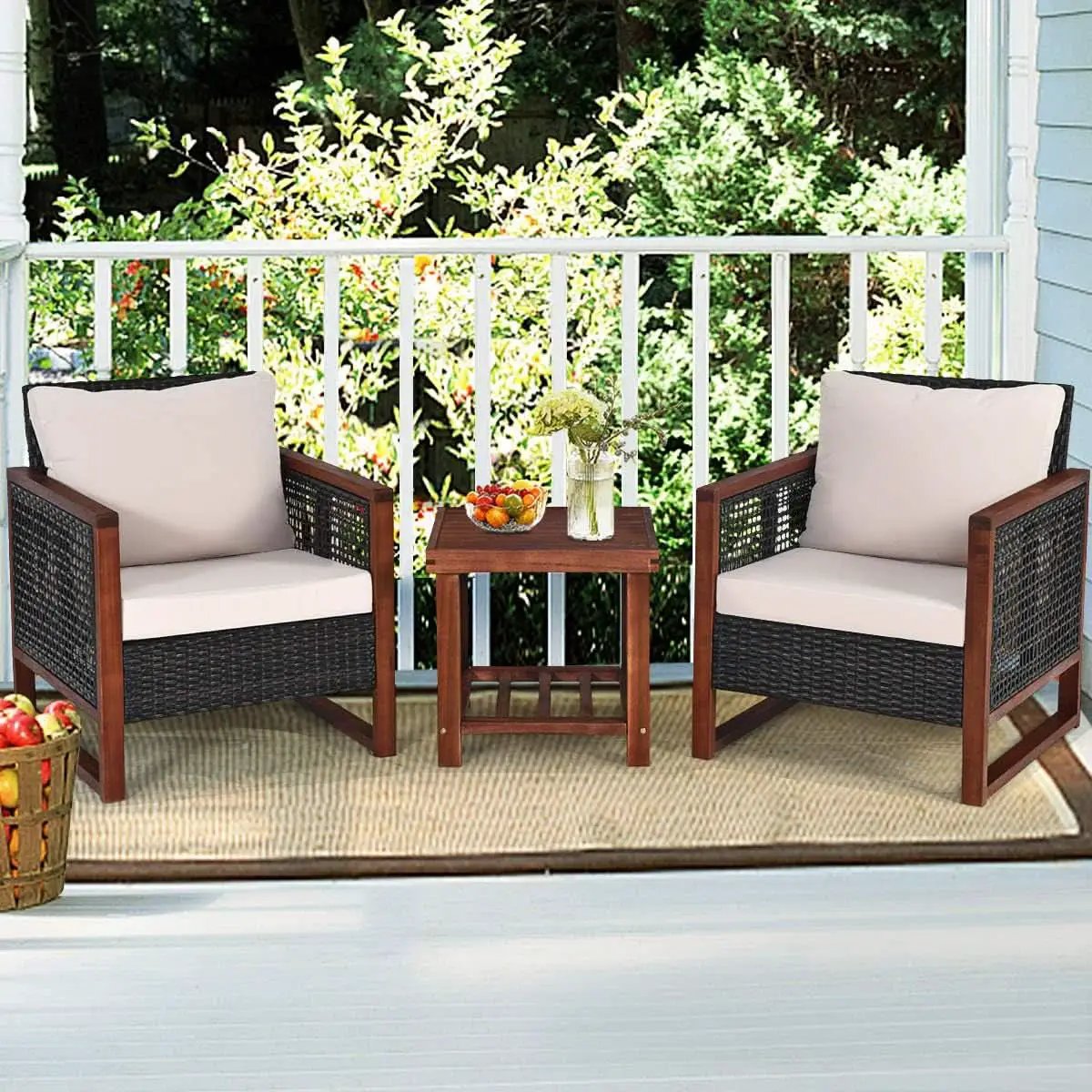 3 Piece Outdoor Patio Furniture Set With Wicker Chairs And Coffee Table Washable Cushions Acacia Wood Frame from PriceLows™