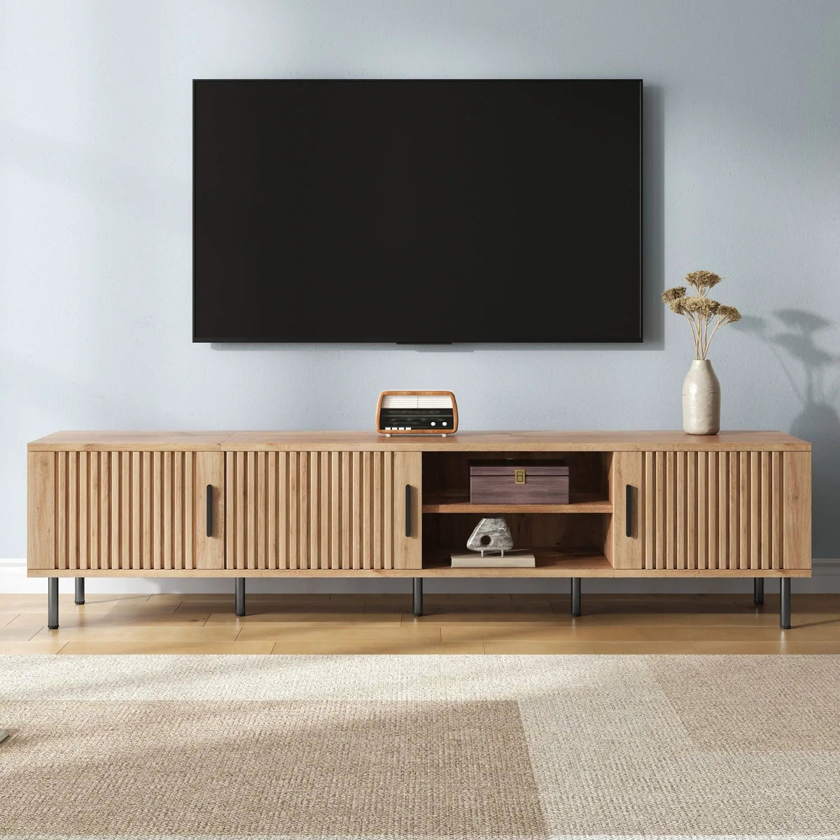 78 Inch TV Stand | Fits TVs Up To 85 Inch | Closed Storage | Vertical Groove Panels