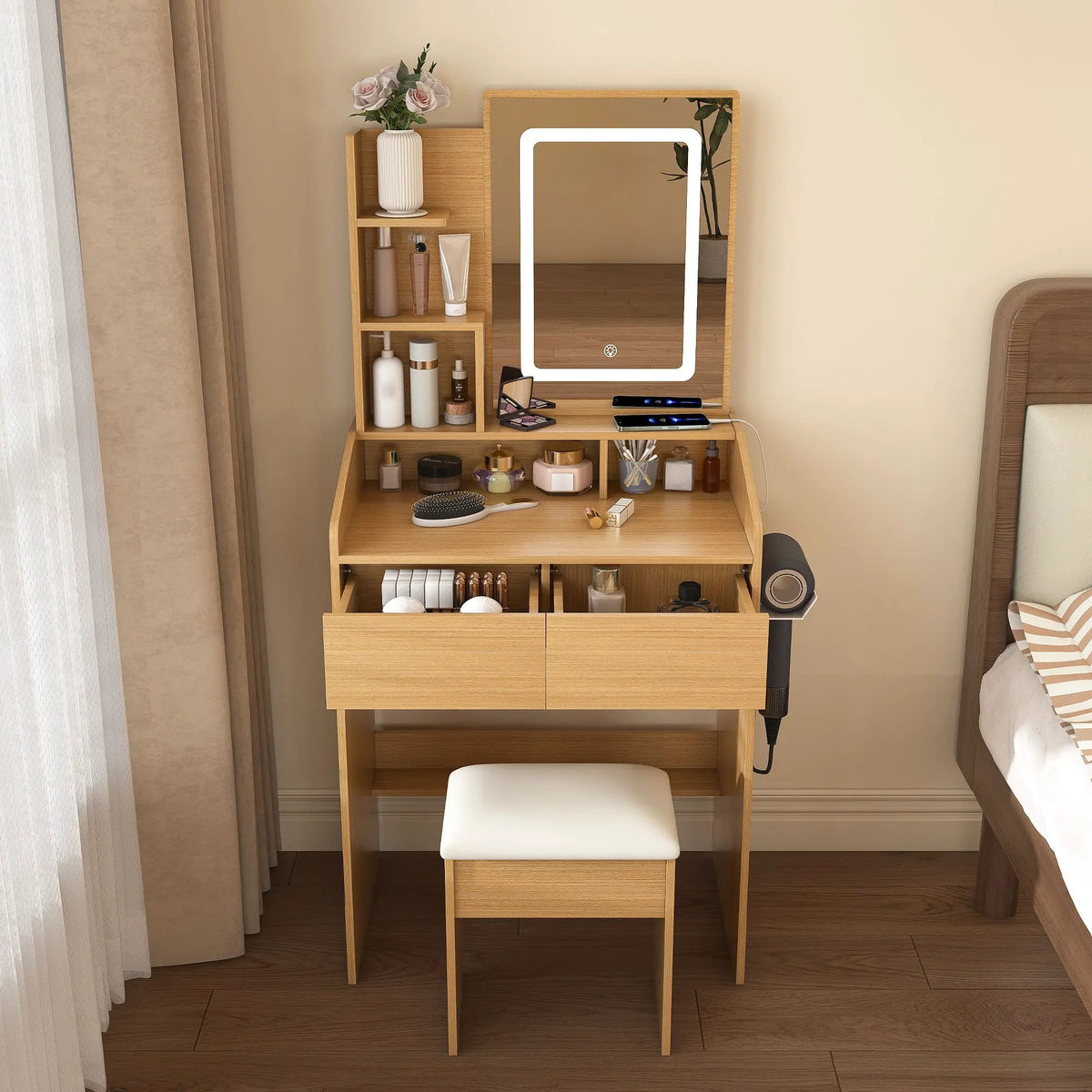 Vanity Table | Adjustable LED Mirror | Power Outlets | Padded Stool