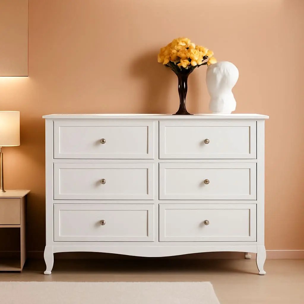 White Six Drawer Dresser Grooved Front ContouredProfile from PriceLows™