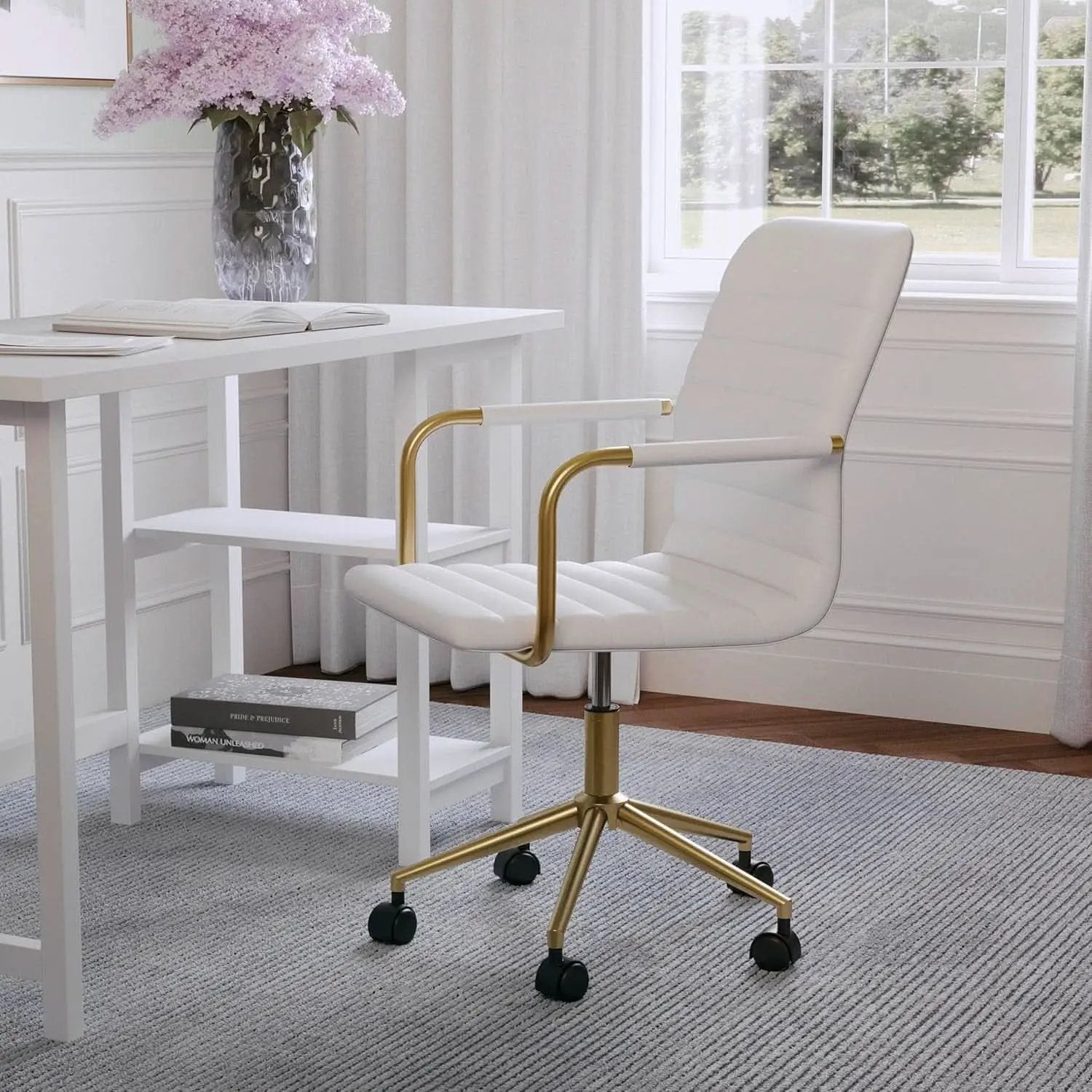 Taytum Swivel Task Chair White Faux Leather Brass Frame from PriceLows™