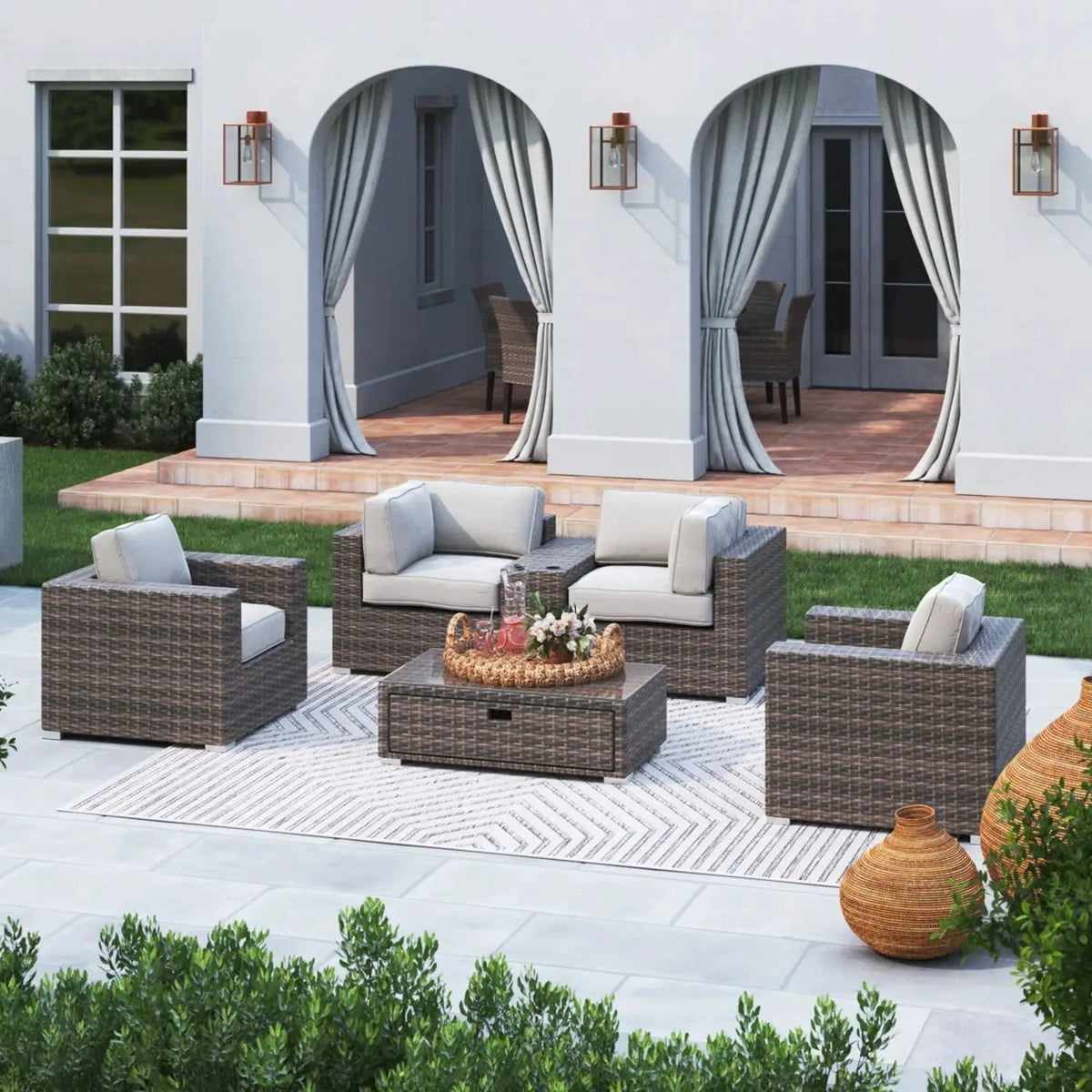 Wicker Seating Group Set | Table And Cushions Included | Aluminum Frames | Hand-Woven Wicker