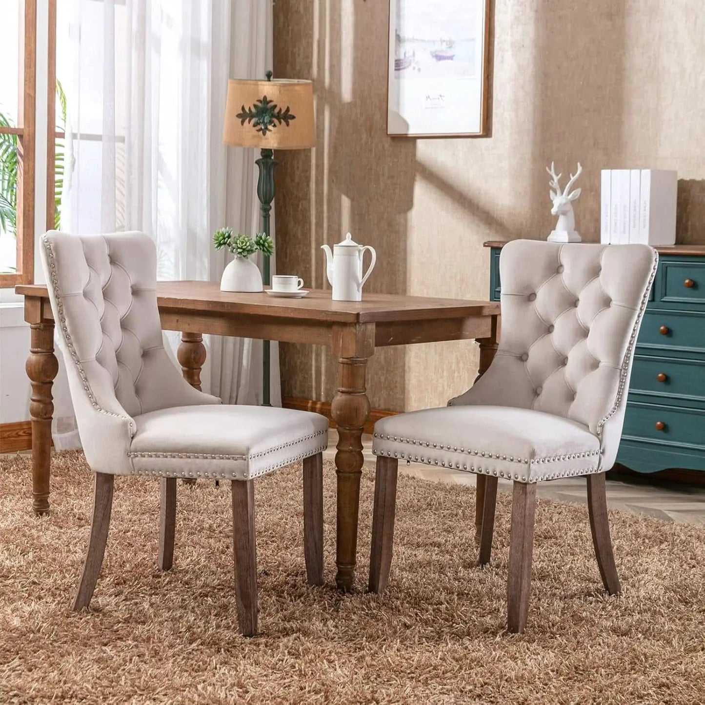 Beige Velvet Tufted Dining Chairs 4 Pack With Nailhead Trim from PriceLows™