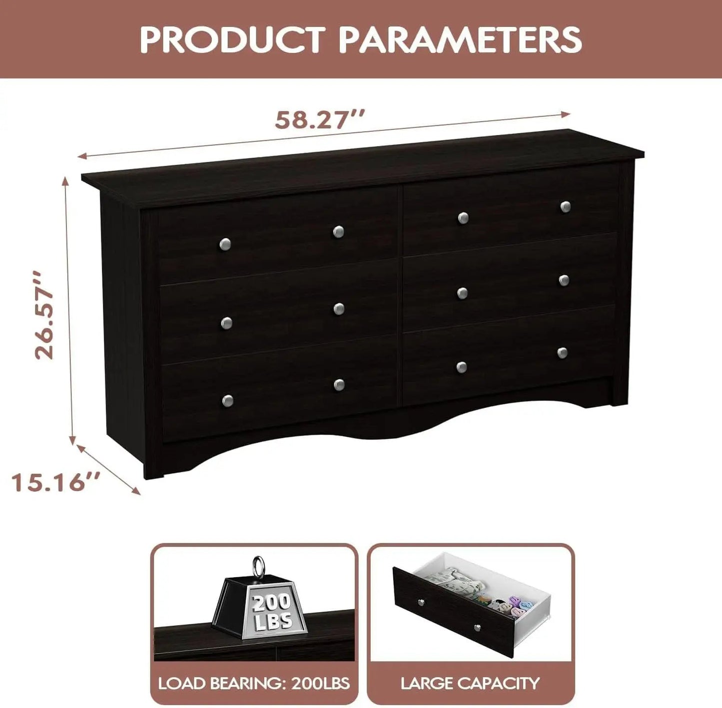 Brown Six Drawer Dresser And TV Stand Wide Wood Chest from PriceLows™