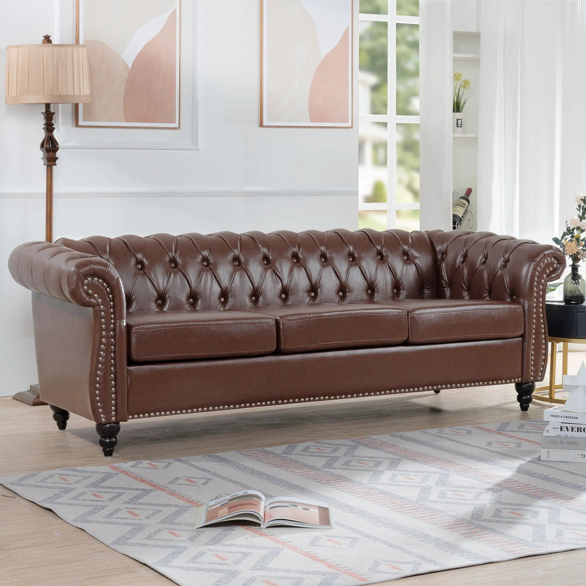 Rolled Arm Chesterfield Sofa | 3 Seater | Staggered Deep Pull Buckles | TB117 Compliant