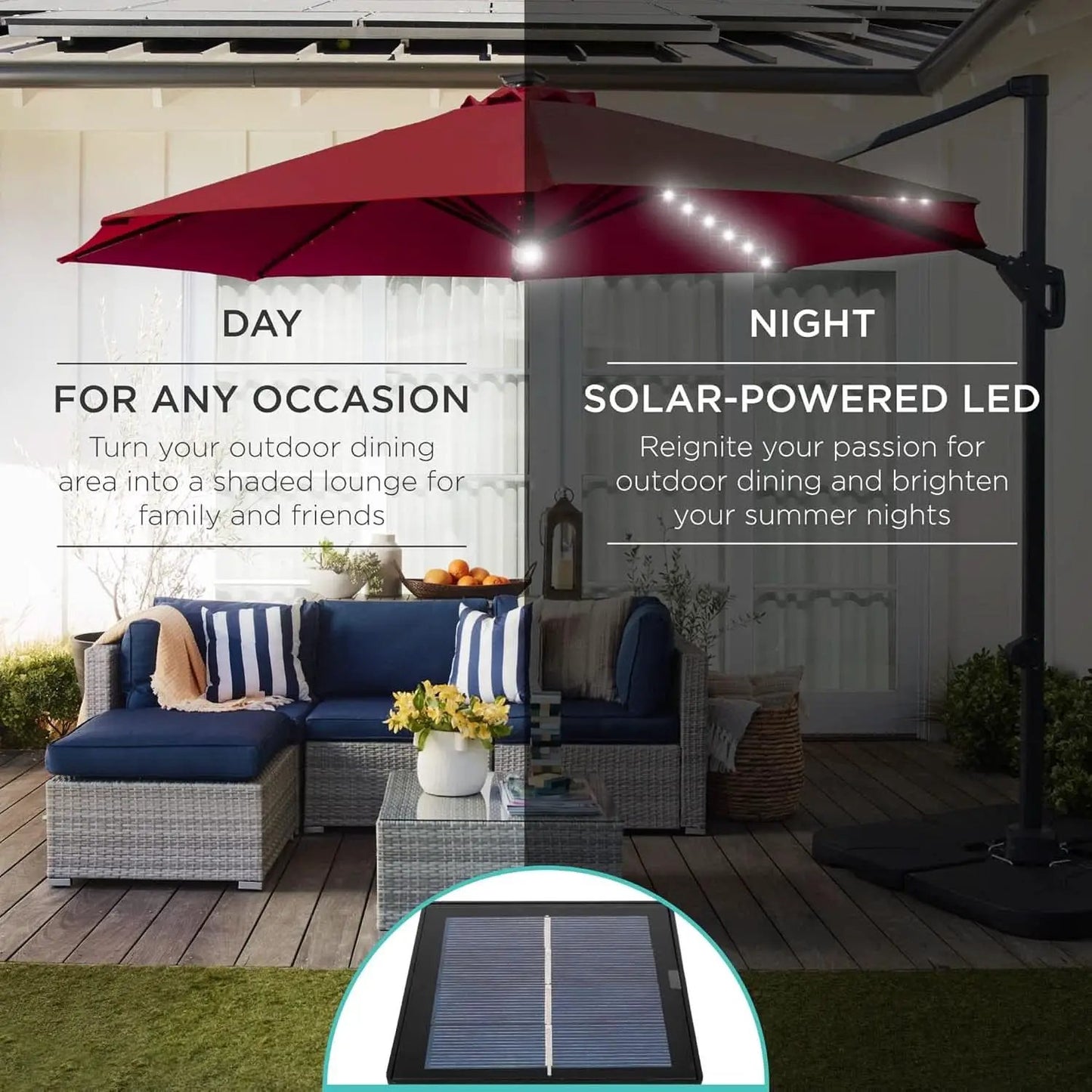 10ft Solar LED Cantilever Patio Umbrella With 360 Degree Rotation And Easy Tilt Cross Base from PriceLows™