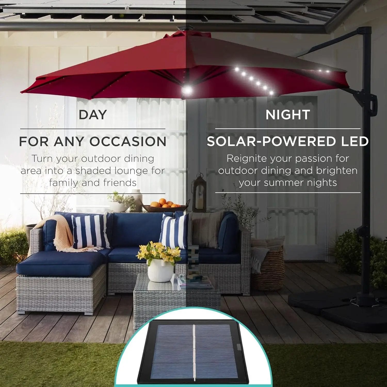 10ft Solar LED Cantilever Patio Umbrella With 360 Degree Rotation And Easy Tilt Cross Base from PriceLows™