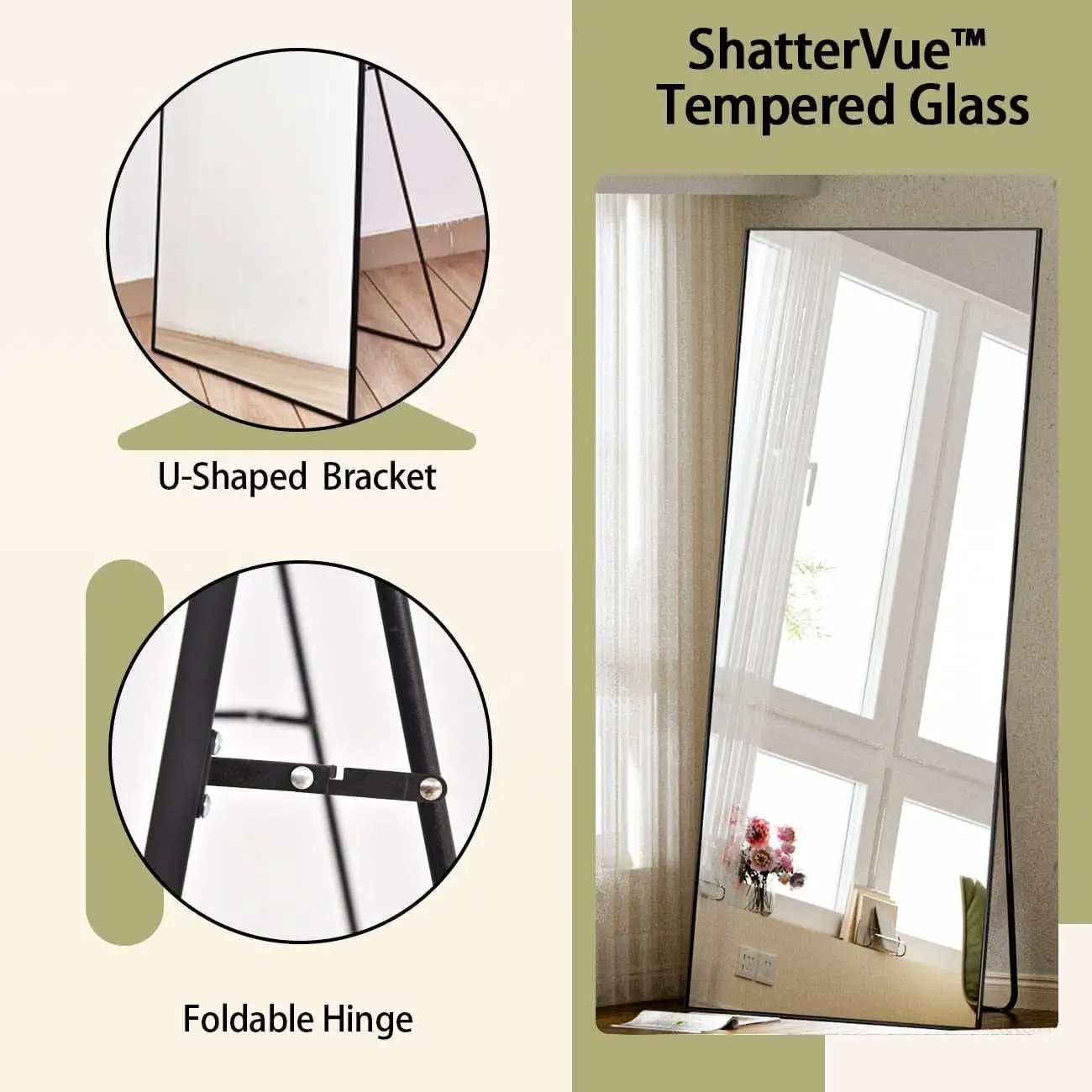 Full Length Standing Mirror 56x21 Black Aluminum Frame Tempered Glass from PriceLows™