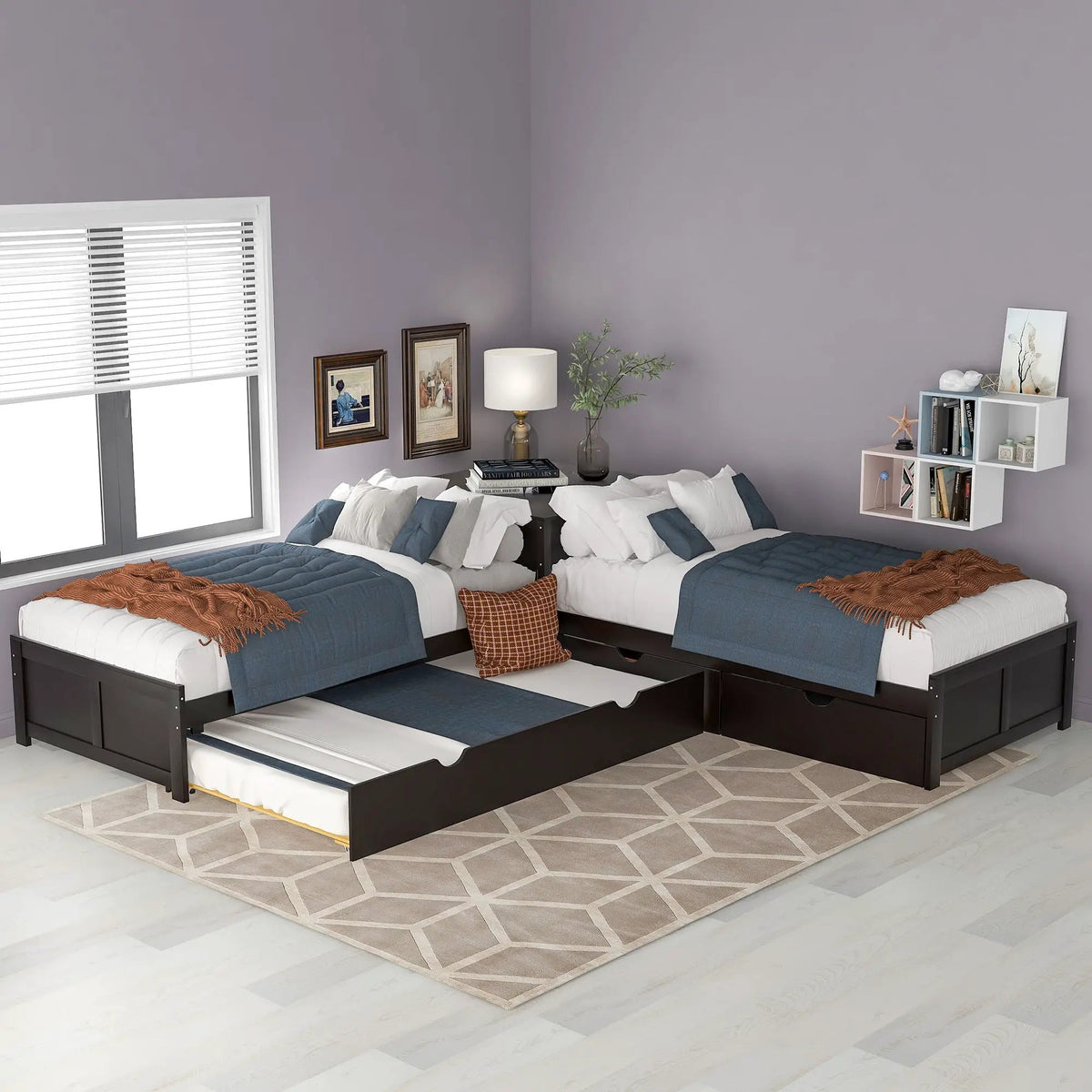 L Shaped Platform Bed | Built In Desk | Trundle With Drawers | Twin Size