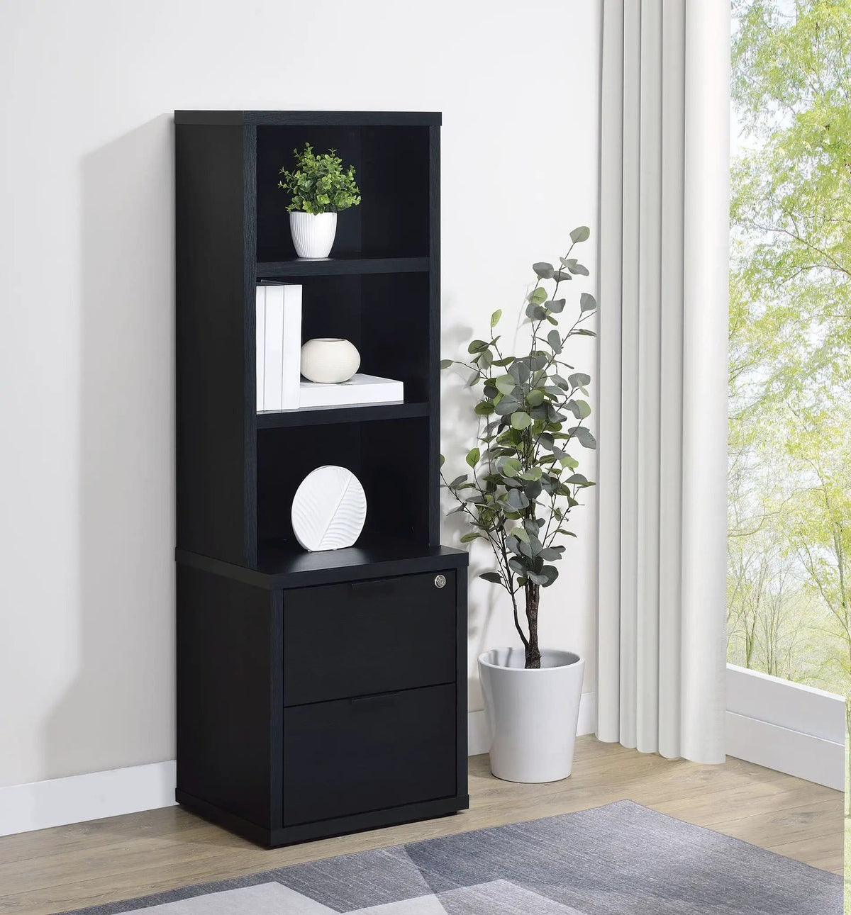 Westpark 3-shelf Bookcase USB and Lockable Drawer | 19.75 x 15.5 x 61.25 in | Engineered Wood & Veneer | Black