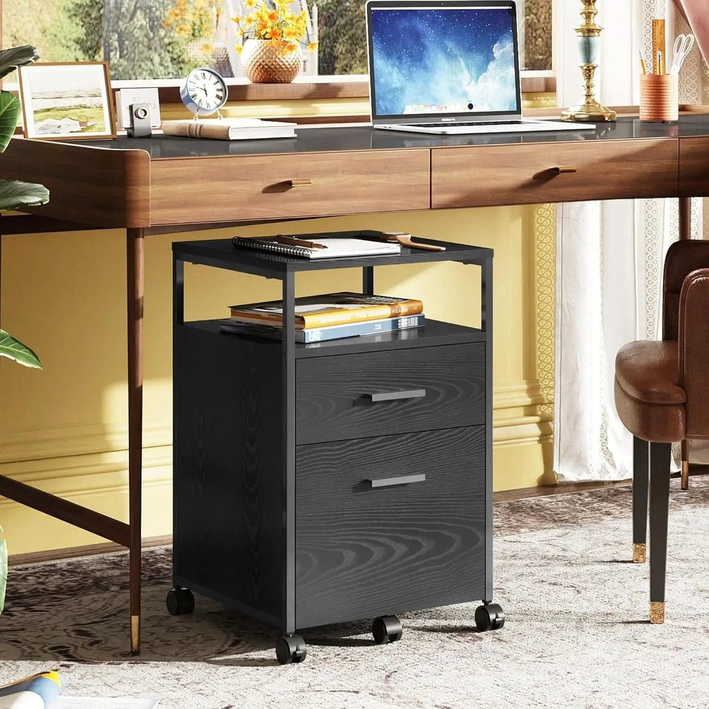 2 Drawer Mobile File Cabinet With Open Storage Shelf Black from PriceLows™