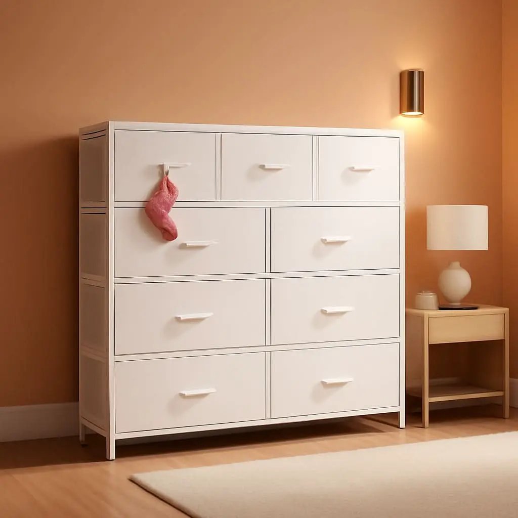9 Drawer Fabric Dresser White With Steel Frame And Wood Top from PriceLows™