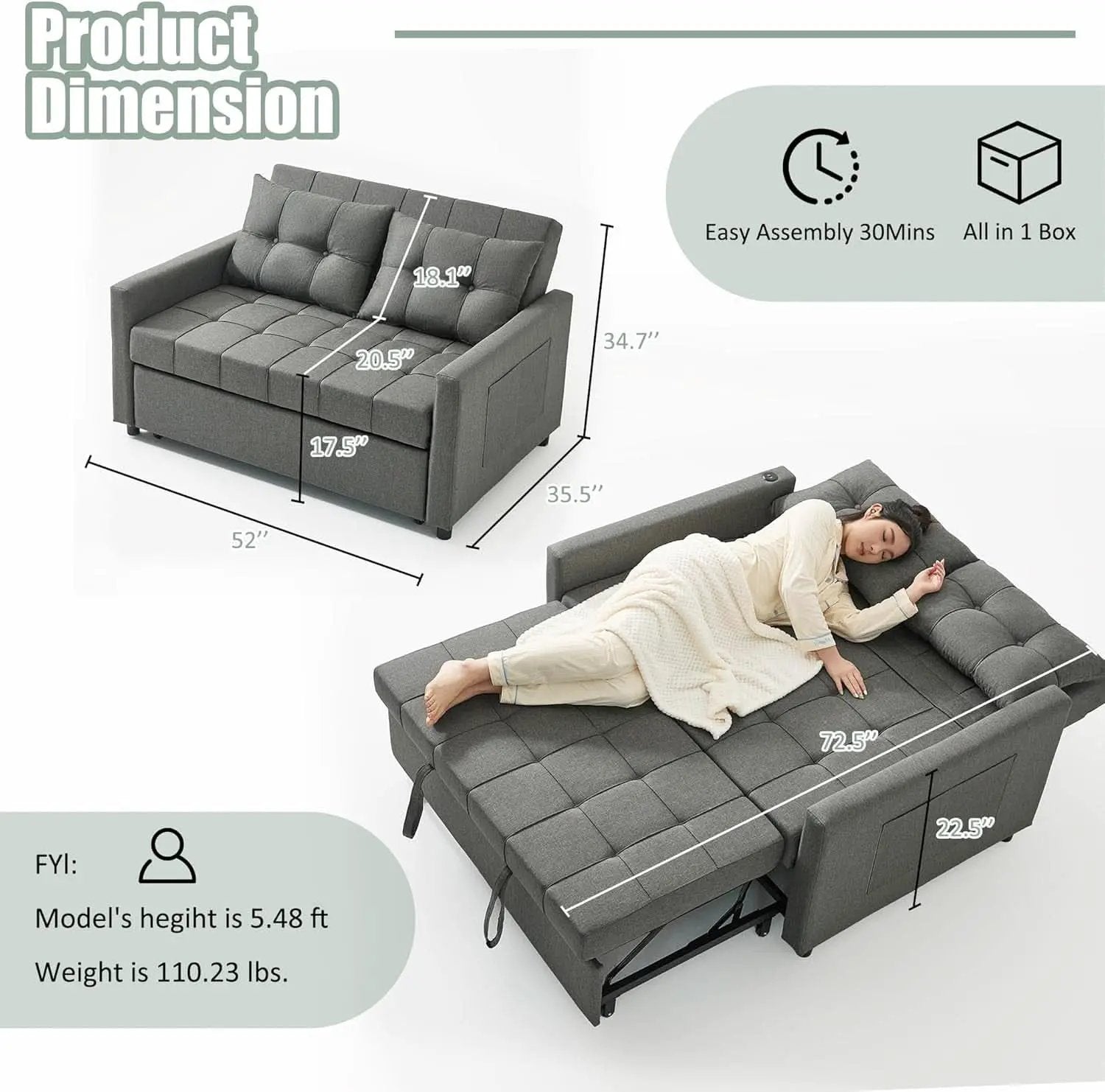 52Inch Sleeper Sofa With Pullout Bed Gray Fabric Upholstery from PriceLows™