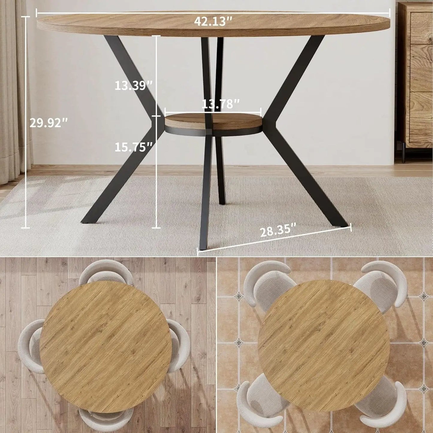 42 Inch Round Farmhouse Dining Table With Compact Storage from PriceLows™