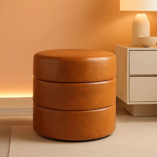 Round Upholstered Faux Leather Ottoman Footrest Camel from PriceLows™