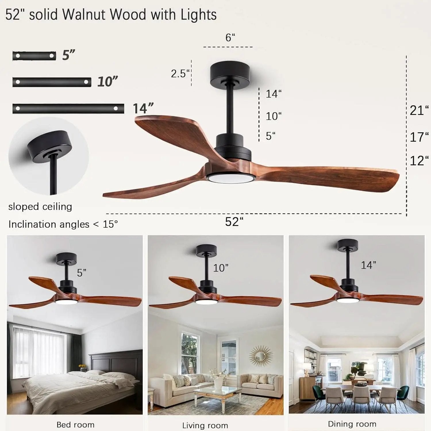 52 Inch Solid Wood Ceiling Fan With Light And Remote from PriceLows™