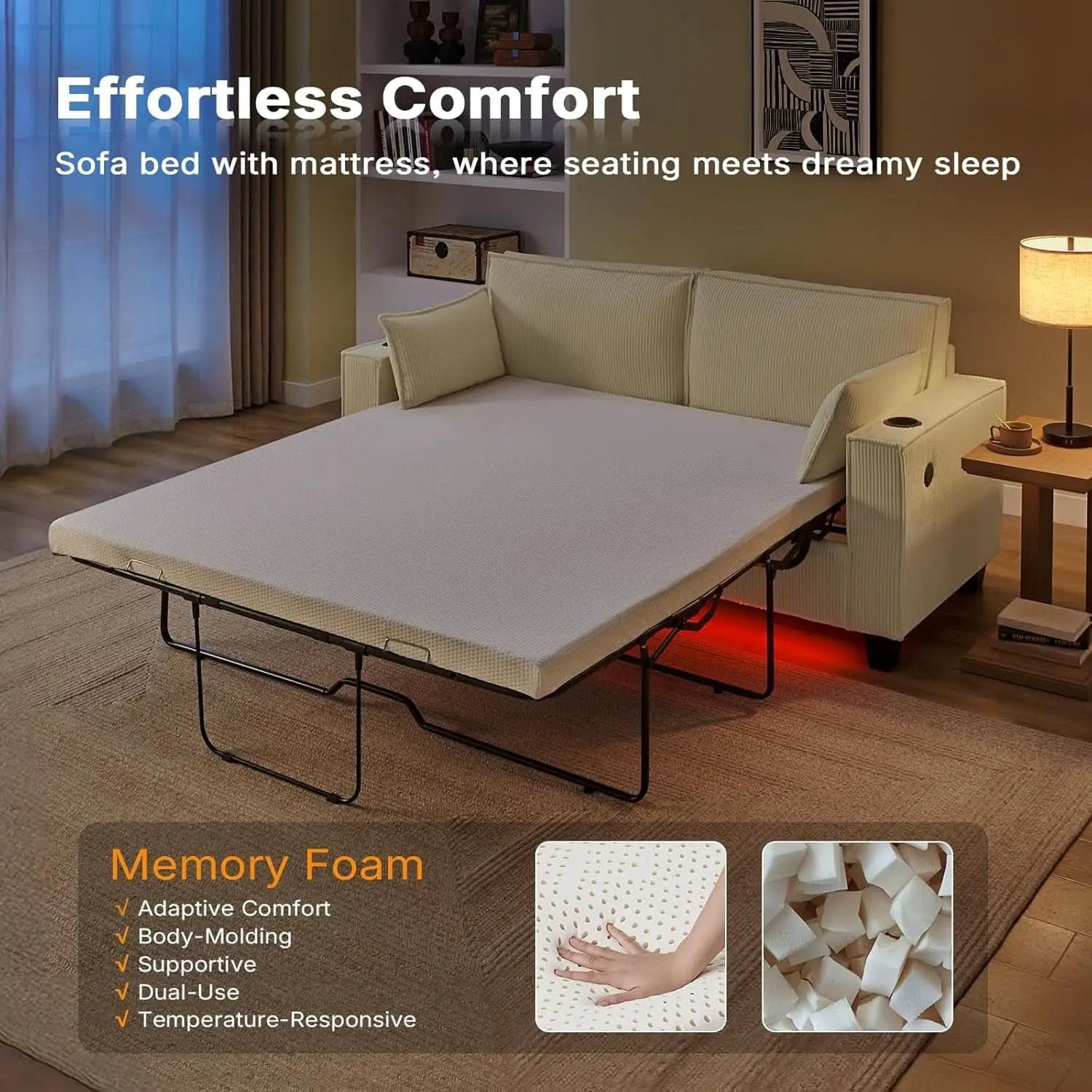 Beige 65-Inch Sleeper Sofa Bed, 2-in-1 Convertible from PriceLows™